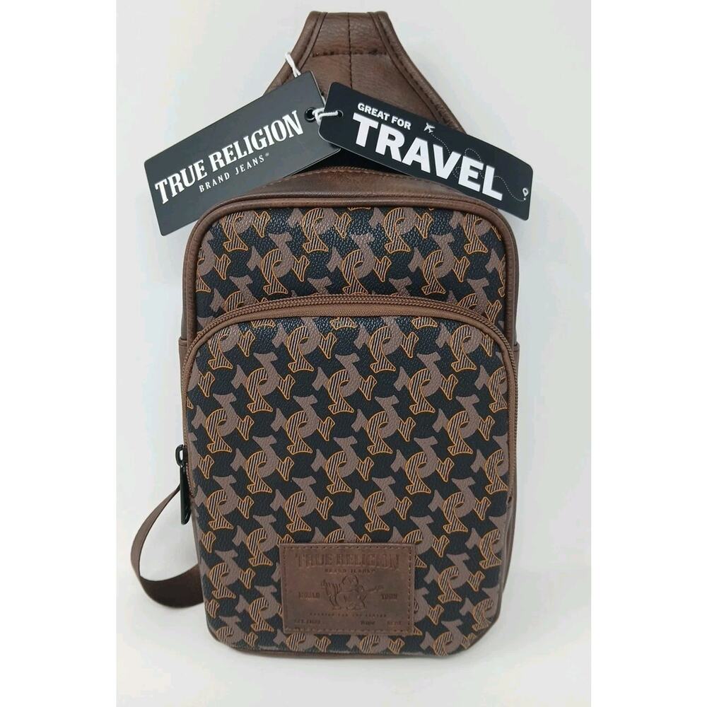True Religion Monogram Unisex Sling Crossbody Bag Brown Farro 2 TR 104445 New